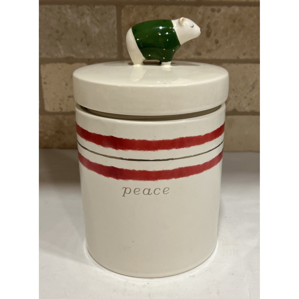 Magenta PEACE 9" Canister Polar Bear Lid Striped‎ Cookie Candy Jar Xmas